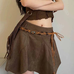 Aiertu Vintage Leather Skirt Y2k Women Ruffle Gothic Solid Irregular Streetwear Short Skirt Retro A-line Aesthetics Skirts Aiertu