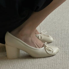 AIERTU - Bowknot Chunky Heel Mary Jane Shoes Women Round Heel Leather Shallow Women Pumps Fashion Heels for Women Brand Ballet Shoes