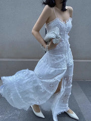 Aiertu White Suspender Embroidered Dress For Women'S Summer High-End Hollowed Out Design, Elegant And Chic Long Skirt Aiertu