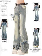 Aiertu Ribbon design slim denim Retro High Street Flare Jeans for Women's Spring New High Waist Slim Bow Design Baggy Vintage 90s Aesthetic Y2k Pants Aiertu