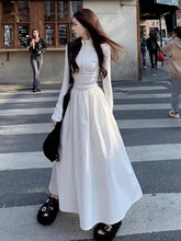 Aiertu 2024 Autumn Korean Style Zip White Dress Women Kpop Wrap Long Sleeve Long Dresses Streetwear Solid Simple Ladies Chic Aiertu