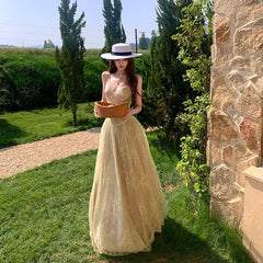 AIERTU - Summer French Vintage Mori Girl Style Dress Women's Lace Jacquard Tulle Strap Party Dress Elegant Heavy Slim Vacation Long Dress Aiertu