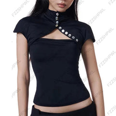 AIERTU - Gothic Women's Shirt Chic Aesthetic Grunge High Street American Style Striped Lace-up Slim Fit Fashion Hip Hop Short Sleeve Tops Aiertu