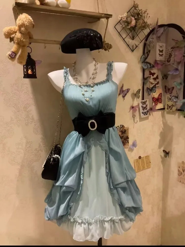 AIERTU - Vintage Sweet French Rhinestone Spaghetti Strap Mini Dress Women Slim Fit Ruched Bow Belt Ruffle Hem Elegant Party Clubwear Aiertu
