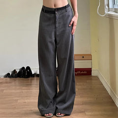 AIERTU - Y2K Contrast Waistband Striped Pants Loose Straight Leg Hanging Casual Woven Versatile for Women Summer Aiertu