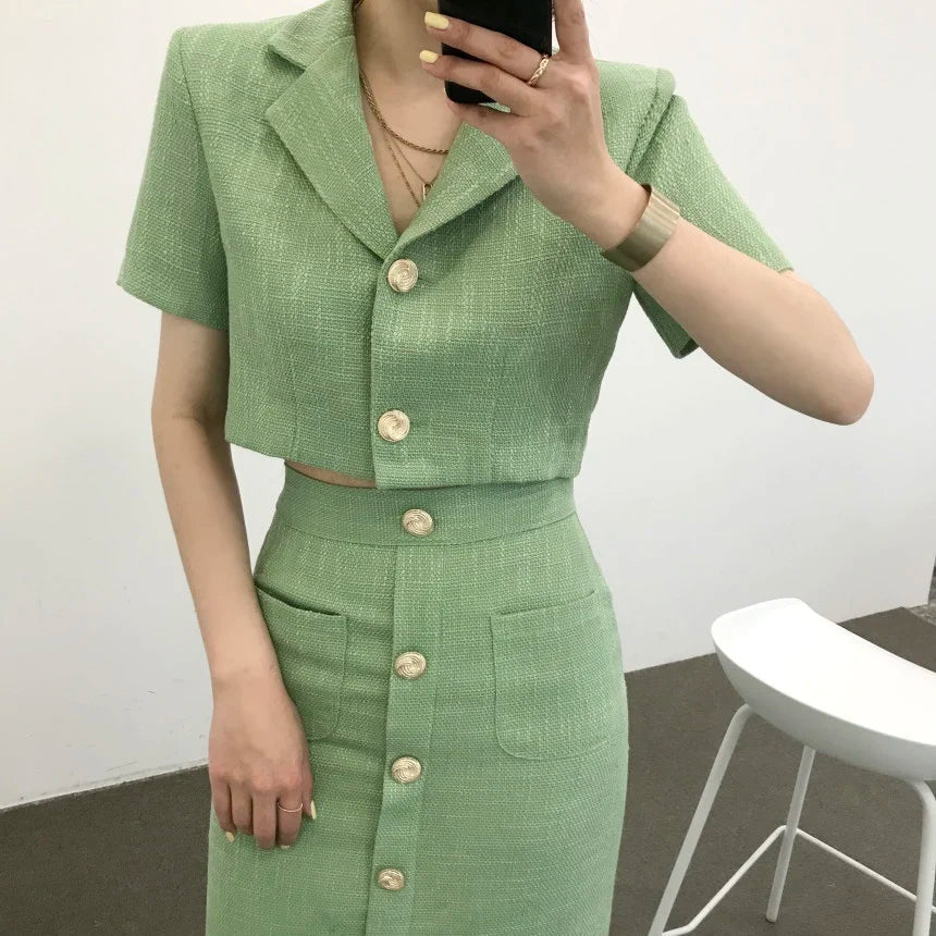 Aiertu Fashion Korea Elegant Lapel Thin Tweed Small Suit Short Jacket + High Waist Chic Button Slim Women Two Piece Skirt Sets Summer Aiertu