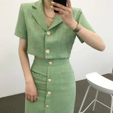 Aiertu Fashion Korea Elegant Lapel Thin Tweed Small Suit Short Jacket + High Waist Chic Button Slim Women Two Piece Skirt Sets Summer Aiertu