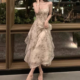 Aiertu Elegant Holiday Dresses for Women Long Floral Chiffon Midi Dress Sleeveless Vintage Dress Fairy Slim Party Casual aiertu
