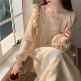 AIERTU - Long-sleeved Nightdress Women's Spring and Autumn New Sweet Solid Color Lace Lace Ruffle Edge Thin Pajamas Skirt Loungewear Aiertu