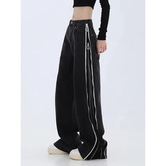 Aiertu American Vintage Black Spring Summer Zipper High Waist Straight Jeans Women's Casual Baggy Y2K Wide Leg Grunge Denim Trouse Aiertu