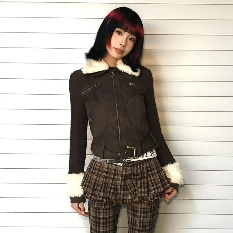 Aiertu Japanese Y2k Fur Coat Women American Retro Brown Knitted Jacket Vintage Korean Style Zipper Coat Winter 2000s Aesthetics Aiertu