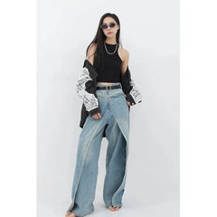 Aiertu Women Blue Jeans Y2k Vintage High Waist Baggy Cowboy Pants Aesthetic Harajuku Denim Trousers 90s Trashy Emo 2000s Grunge Clothes Aiertu