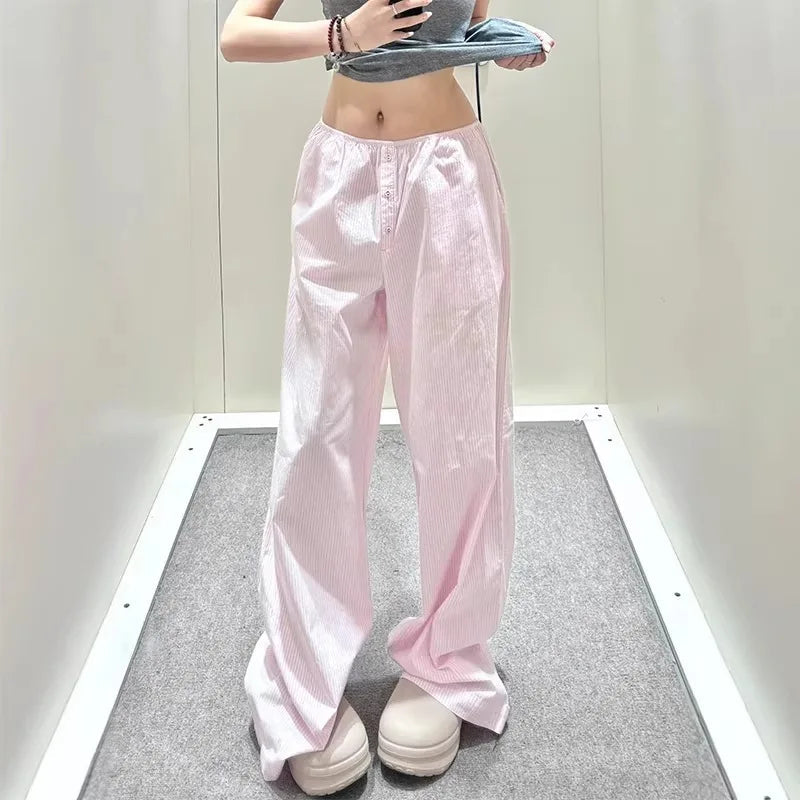 AIERTU - New Ins Korean Style Pink Striped Wide Leg Pants Women High Waist Loose Plus Size Casual Long Pants Summer Lounge Trousers Aiertu