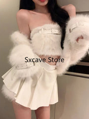 Aiertu Sexy 3 Piece Skirt Set Women Casual Long Sleeve Coat + Bodycon Tube Tops + Sweet Mini Skirt Evening Party Clothing Autumn Aiertu