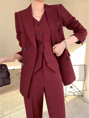 Aiertu Burgundy Suit Set Women Spring Office Ladies Lapel Single Breasted Vest Wide Leg Pants Blazer Three Piece Set Aiertu