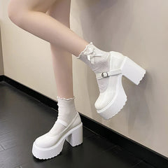 Aiertu Chunky Platform High Heels Pumps Women Autumn Pu Leather Ankle Buckle Mary Jane Shoes Woman Thick Heeled White Lolita Shoes aiertu