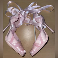 AIERTU - Romantic Ballerina Style Design Blush Satin Stiletto Heel Ballet Heels Long Ribbon Tie Wrapped Strap Design Elegant High Heels Aiertu