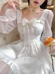 Aiertu White Kawaii Dress Women Chiffon Lolita Style Long Sleeve Mini Dresses Bow Fairy Robe Ruffles Patchwork Square Collar Aiertu