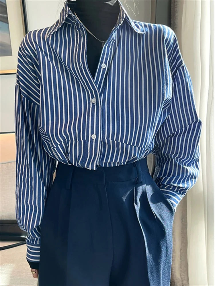 Aiertu Blue Striped Shirts for Women Spring Korean Loose Button Up Turn Down Collar Long Sleeve Tops Casual Blouses Aiertu
