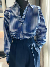 Aiertu Blue Striped Shirts for Women Spring Korean Loose Button Up Turn Down Collar Long Sleeve Tops Casual Blouses Aiertu