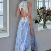 AIERTU - Women Dress Striped Pattern Waist Hollow Lace Splicing Backless Sleeveless Vest A-line Round Neck High Waisted Casual Long Dress Aiertu