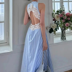 AIERTU - Women Dress Striped Pattern Waist Hollow Lace Splicing Backless Sleeveless Vest A-line Round Neck High Waisted Casual Long Dress Aiertu