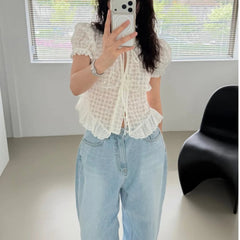 AIERTU - Elegant V-Neck Single-Button Embroidered Floral Pattern Women's Shirt Stylish Korean Style Top for Summer Fashionable Aiertu