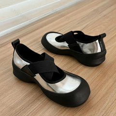 AIERTU - Women Mary Jane Shoes Retro Round Toe Cross Strap Chunky Casual Height Increase Shoes Fashion Shallow Versatile Ballet Flats
