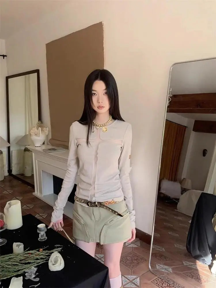 Aiertu Gothic Hollow Out Sexy Women T Shirt Long Sleeve Slim Y2k Grunge Aesthetic Tshirts Spring Ladies Tops Tee Shirt Femme Aiertu