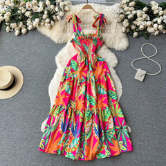 Aiertu Summer Vacation Spaghetti Strap Long Dress Women Sleeveless Ruched Elastic Backless Dress Floral Print Beach Sundress Aiertu