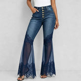 AIERTU - Blue Micro Flared Jeans Women High Waisted Multi Breasted Mesh Patchwork Denim Pants Vintage Slim Fit See Through Lace Trousers Aiertu