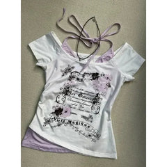 Aiertu Summer Fake Two Pieces Halter Bandage Vintage T-shirts Y2k Aesthetic Slim Crop Tops Women Grunge Print Harajuku Casual Sexy Tee Aiertu