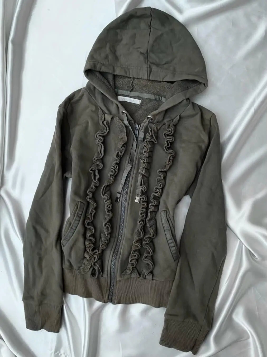 AIERTU - Early Autumn American Retro Hoodies Vintage Gray Military Green Distressed Long sleeved Coats Thin Jacket Ruffled Edge Hoodies Aiertu