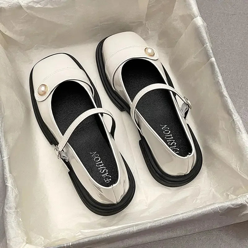 Aiertu Woman Footwear Square Toe Mary Jane Japanese Style Lolita Pearl Low Heel Elegant Shoes for Women Milky Normal Leather Casual A E Aiertu