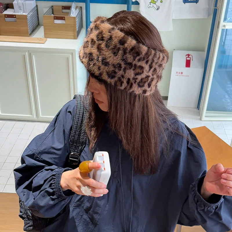 AIERTU - Hat Hairband Imitation Mink Fur Warm Headband Leopard Print Soft Retro Spicy Girl With A Fashionable Personality Wide Headband Aiertu