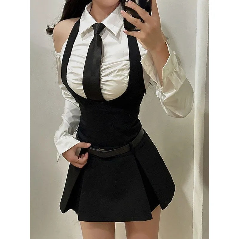 Aiertu Woman Hot Girl College Style Suit White Shirt + Harajuku High Waist Y2k Mini Dress Club Party Dress Korean Fashion Sexy Suit aiertu