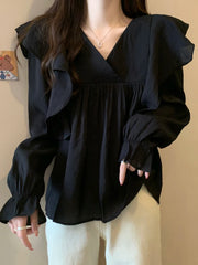 Stylish Flare Sleeve Spliced Ruffles Blouse Female Clothing Autumn New Oversized Casual Pullovers All - match Sweet Shirt Aiertu