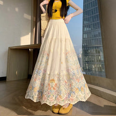 AIERTU - New Summer Hot Selling Pleated Skirt with Lace Embroidery and Hollowed out Skirt for Women Aiertu