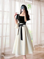 Aiertu Summer Bandage Party Short Sleeve Two Piece Set Women Square Collar High Waist Princess French Elegant Black Tops White Skirts Aiertu