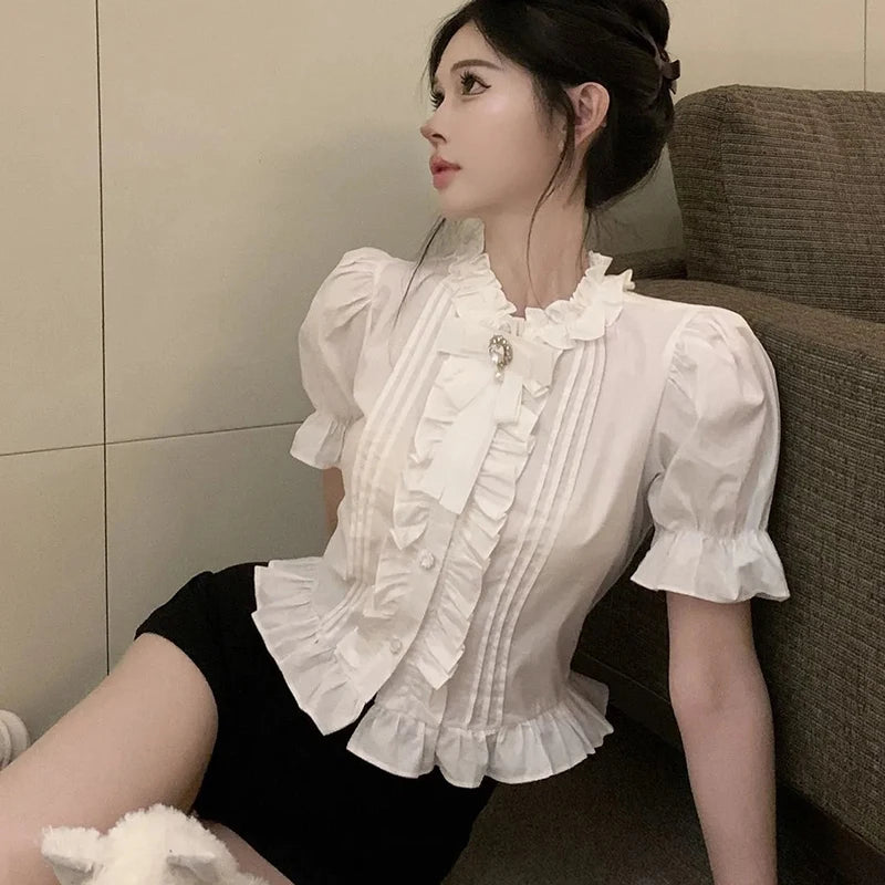 White Elegant Shirt Women Summer Sweet Cute Puff Sleeve Crop Top Korean Ruffles Chic Slim Vintage Office Ladies Blouse New Aiertu