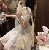 Aiertu Autumn Sweet Puff Sleeve Fairy Dress Women Bow Vintage Casual Princess Mini Dress Female Solid Japanese Kawaii Party Dress Aiertu