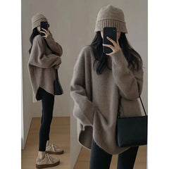 Aiertu Spring Women New Korean Sweater Loose Knitting Warm Round Neck Falling Shoulder Sleeves Long Sleeved Solid Color All-match Tops Aiertu