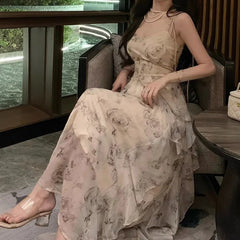 Aiertu Elegant Holiday Dresses for Women Long Floral Chiffon Midi Dress Sleeveless Vintage Dress Fairy Slim Party Casual aiertu