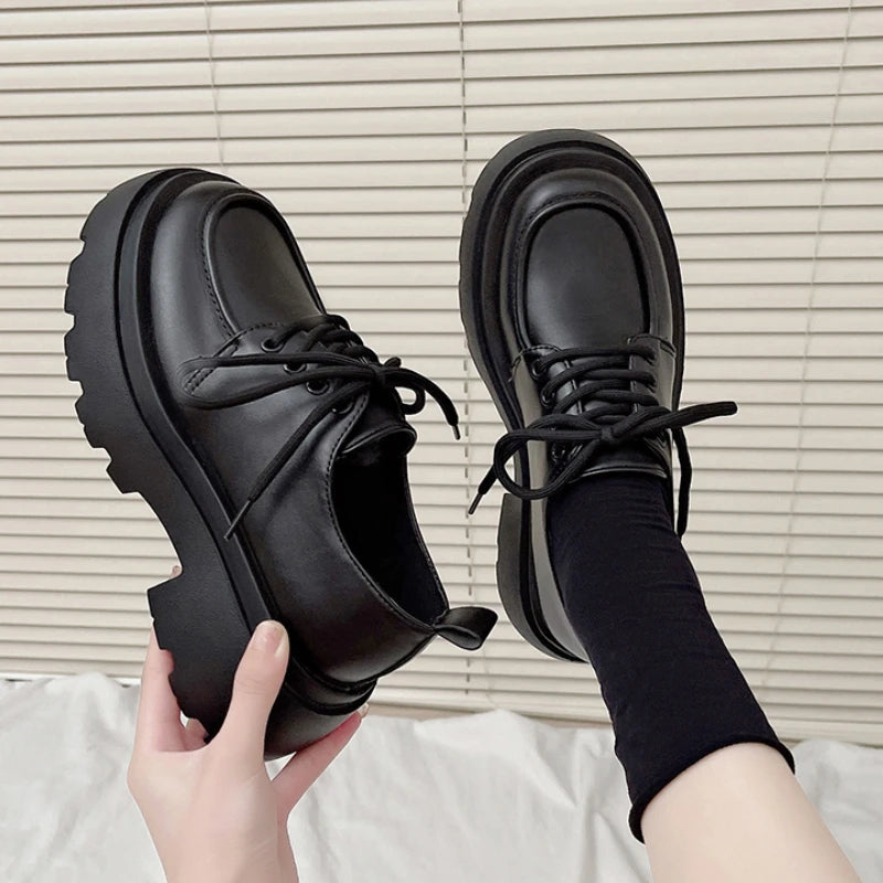 Aiertu Women Spring New Black Platform Flats Shoes Women Loafers Slip on Boat Shoes Designer Casual Leather Oxfords Aiertu