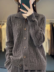 Autumn Winter Coat Women Turn-down Collar Cardigans Sweater 100% Merino Wool Knitwear Loose Twist Flower Cashmere Clothing Tops Aiertu