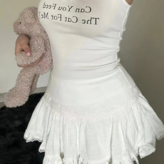Aiertu Coquette Mini Skirt Women Summer Y2k Lace Mesh Patchwork Sexy High Waist A-line Kawaii White Ruffle Skirt Aiertu