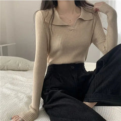 Aiertu FALL OUTFITS Knitted T Shirts For Women Clothes Streetwear High Quality Clothing Womens Polo Neck Tee Shirt Aesthetic Hot Top Vintage Striped aiertu