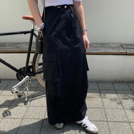 AIERTU - Fashionable Korean Style Pure Color Drawstring Work Skirt High Waist H-Shape Loose Fit Commute Style Ladies Skirt Aiertu