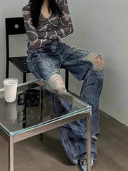 Aiertu Women's Knee Hole Design Dirty Blue Jeans Summer Cool Girl Wide-leg Denim Trousers Vintage Bottoms Female High Waisted Pants Aiertu