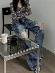 Aiertu Women's Knee Hole Design Dirty Blue Jeans Summer Cool Girl Wide-leg Denim Trousers Vintage Bottoms Female High Waisted Pants Aiertu